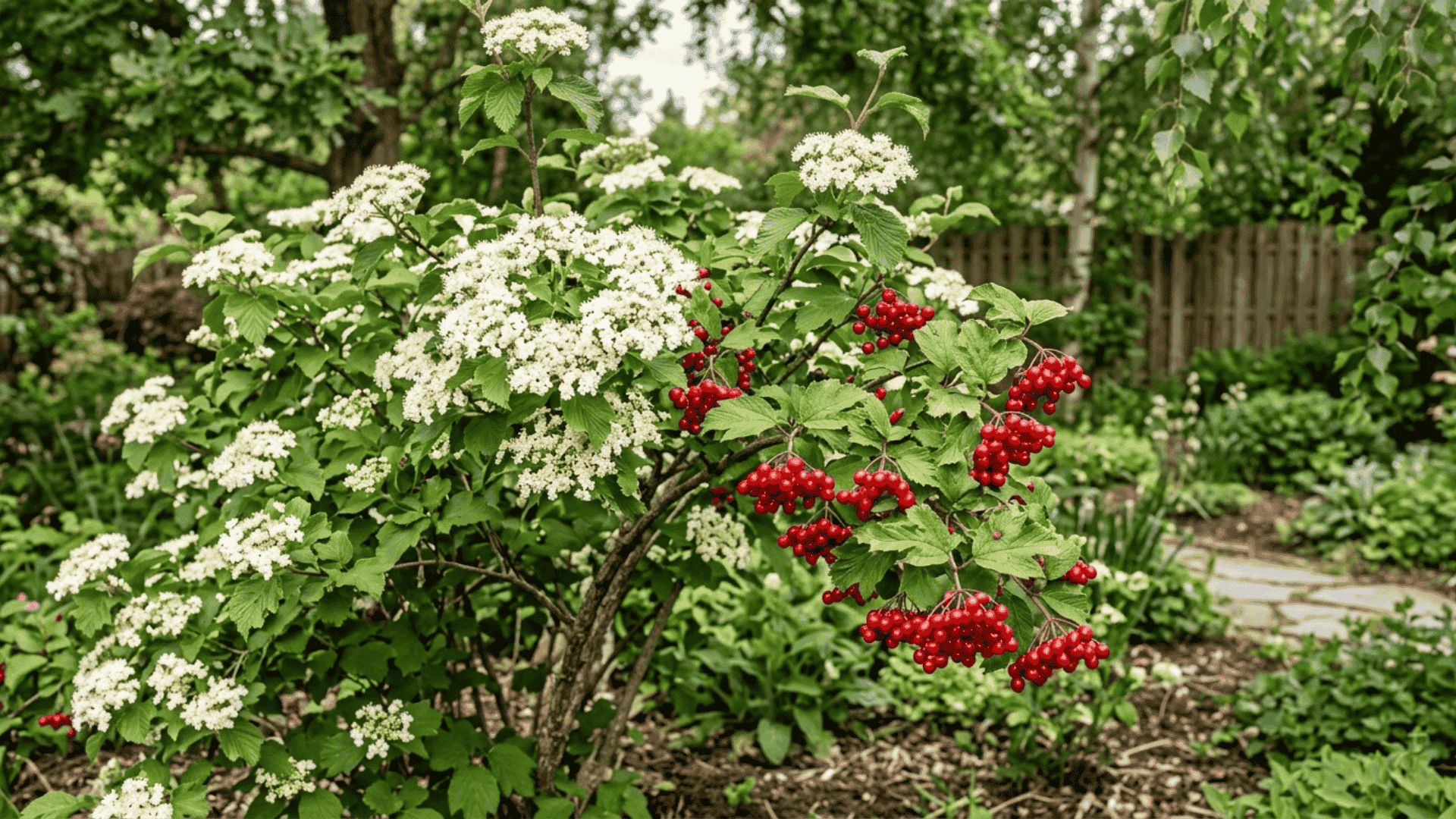 viburnum shrub with clusters of white spring flowers and bright red berries on branches in natural outdoor lighting
