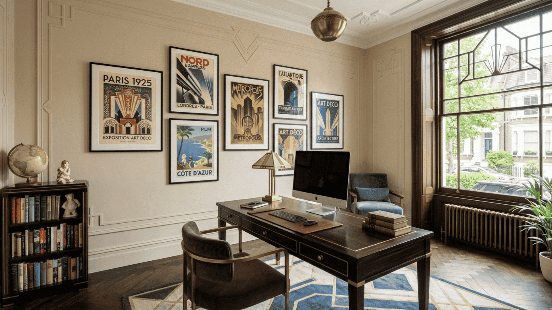 vintage graphic poster art in home office with wooden desk, framed prints, and natural light in art deco decor style