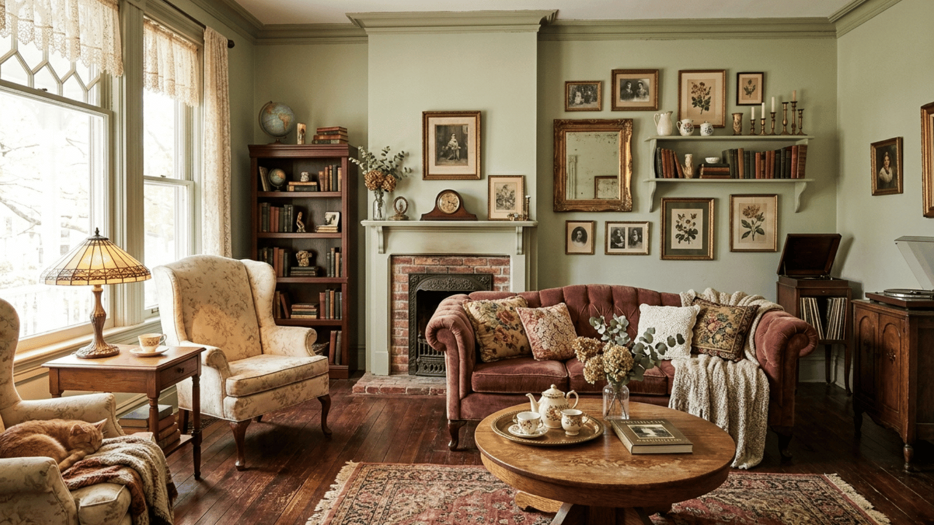 vintage living room with classic furniture, gallery wall, fireplace, and warm muted colors.