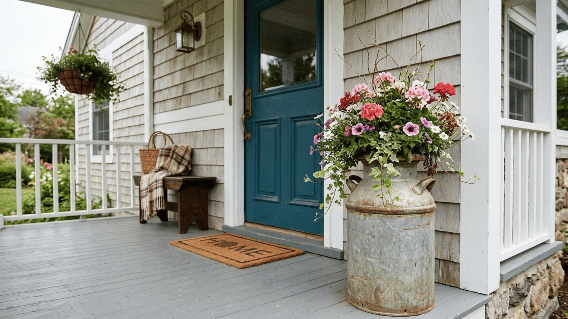 vintage milk can planter with flowers beside a blue front door porch.