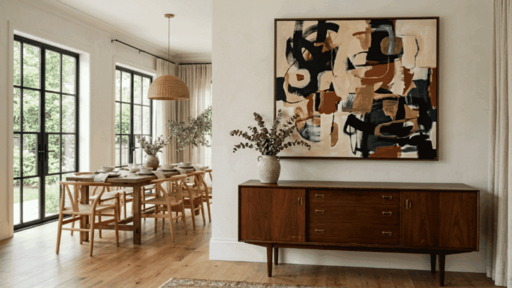 vintage wooden sideboard paired with large modern artwork creates a striking contrast that makes the room feel curated