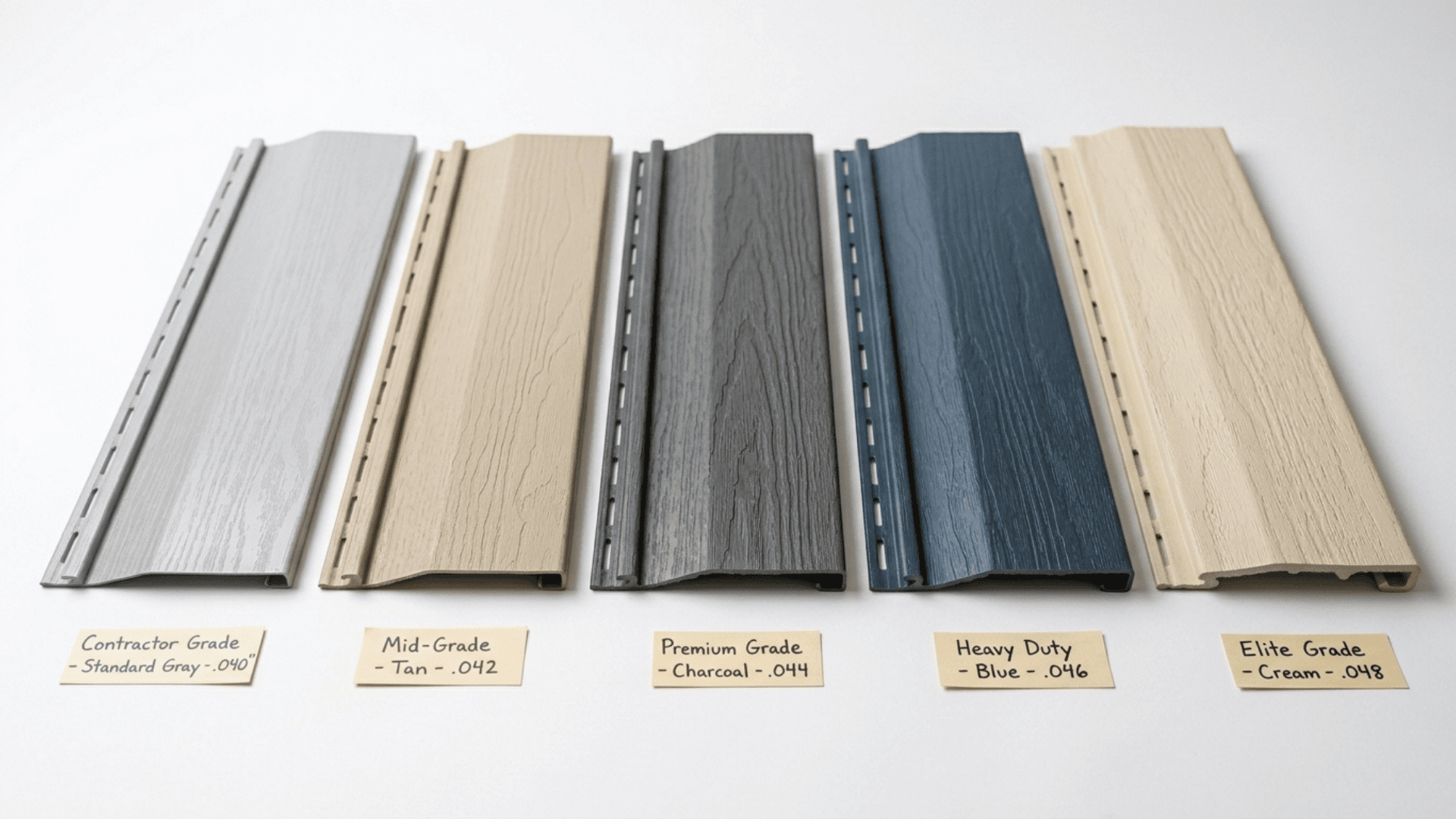vinyl siding panel samples showing five grades from contractor to elite with thickness measurements side by side
