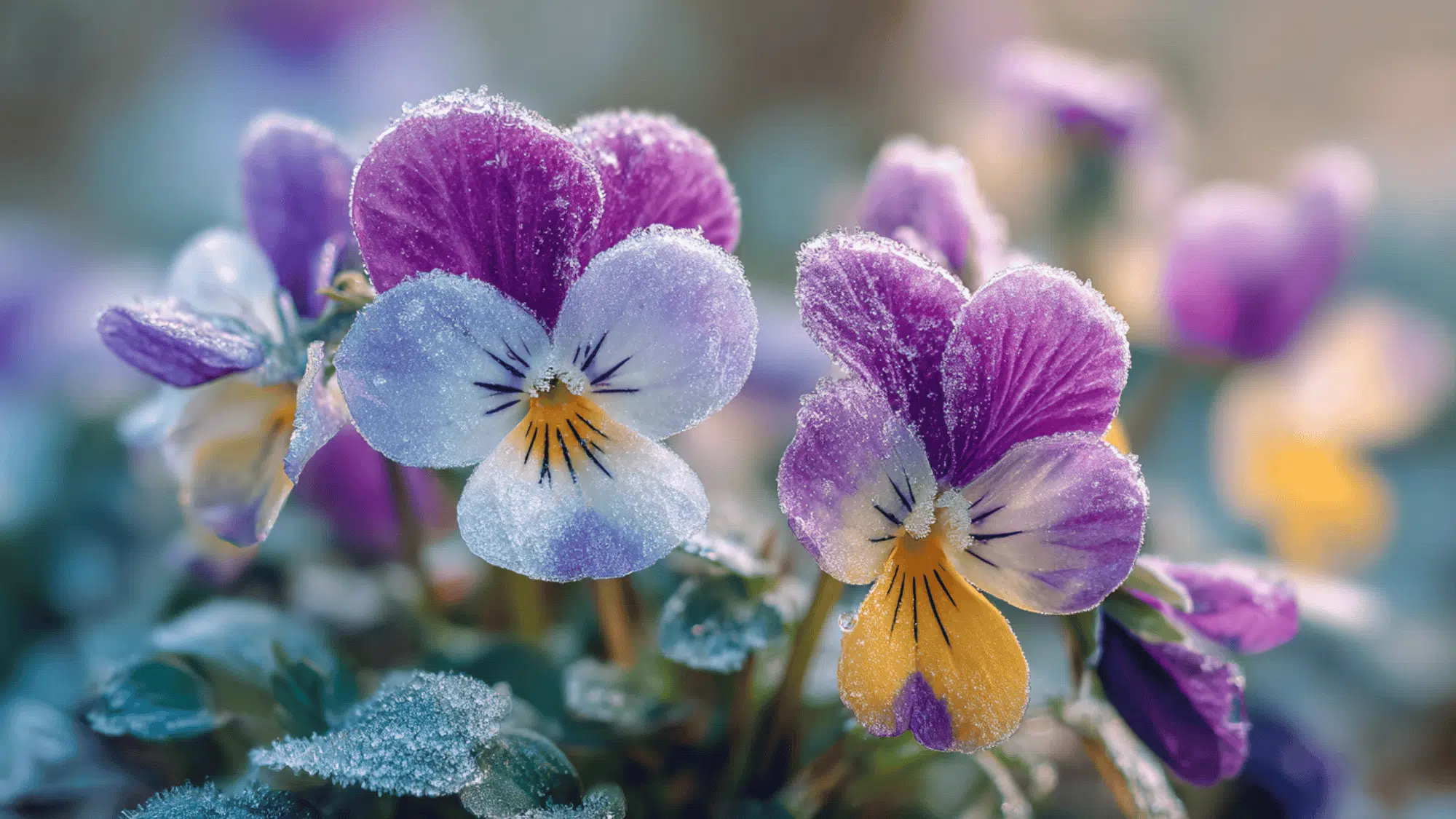 violas flowers blooming in cold winter garden