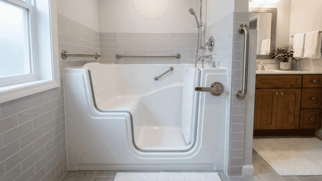 walk in bathtub with a side entry door and built in seat designed for elderly users and people with limited mobility needs