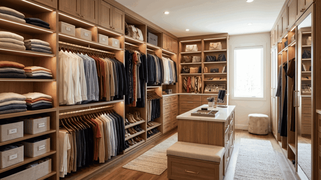 walk-in closet with built-in shelves, drawers, organized clothing, and modern storage design with lighting