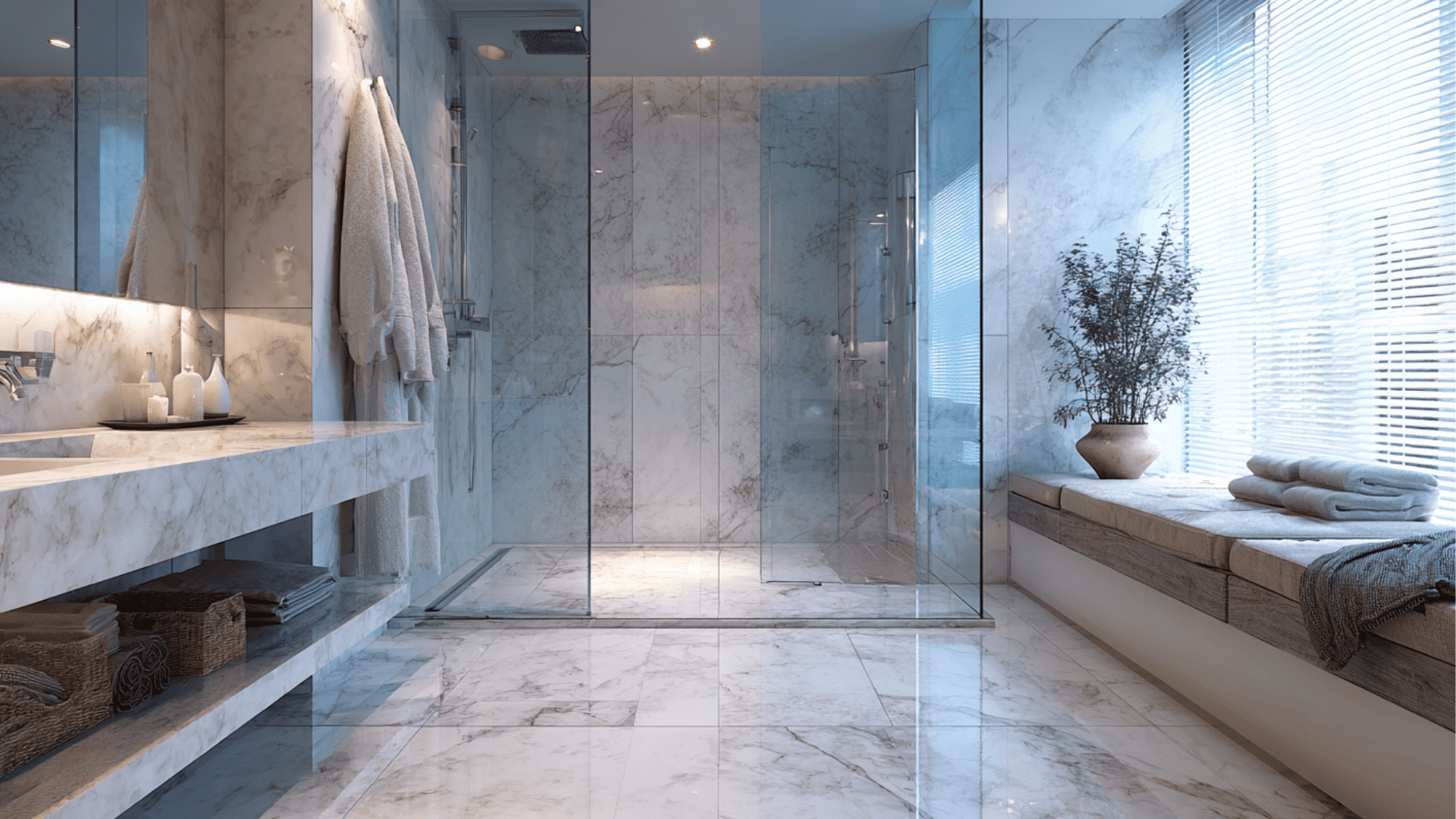 walk in shower with frameless glass panels creating a modern open and spacious bathroom look