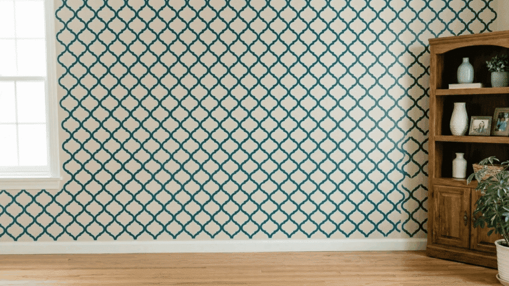 wall design created using stencils with repeating geometric pattern in teal and white.