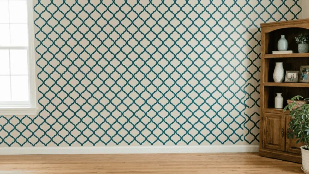 wall design created using stencils with repeating geometric pattern in teal and white.