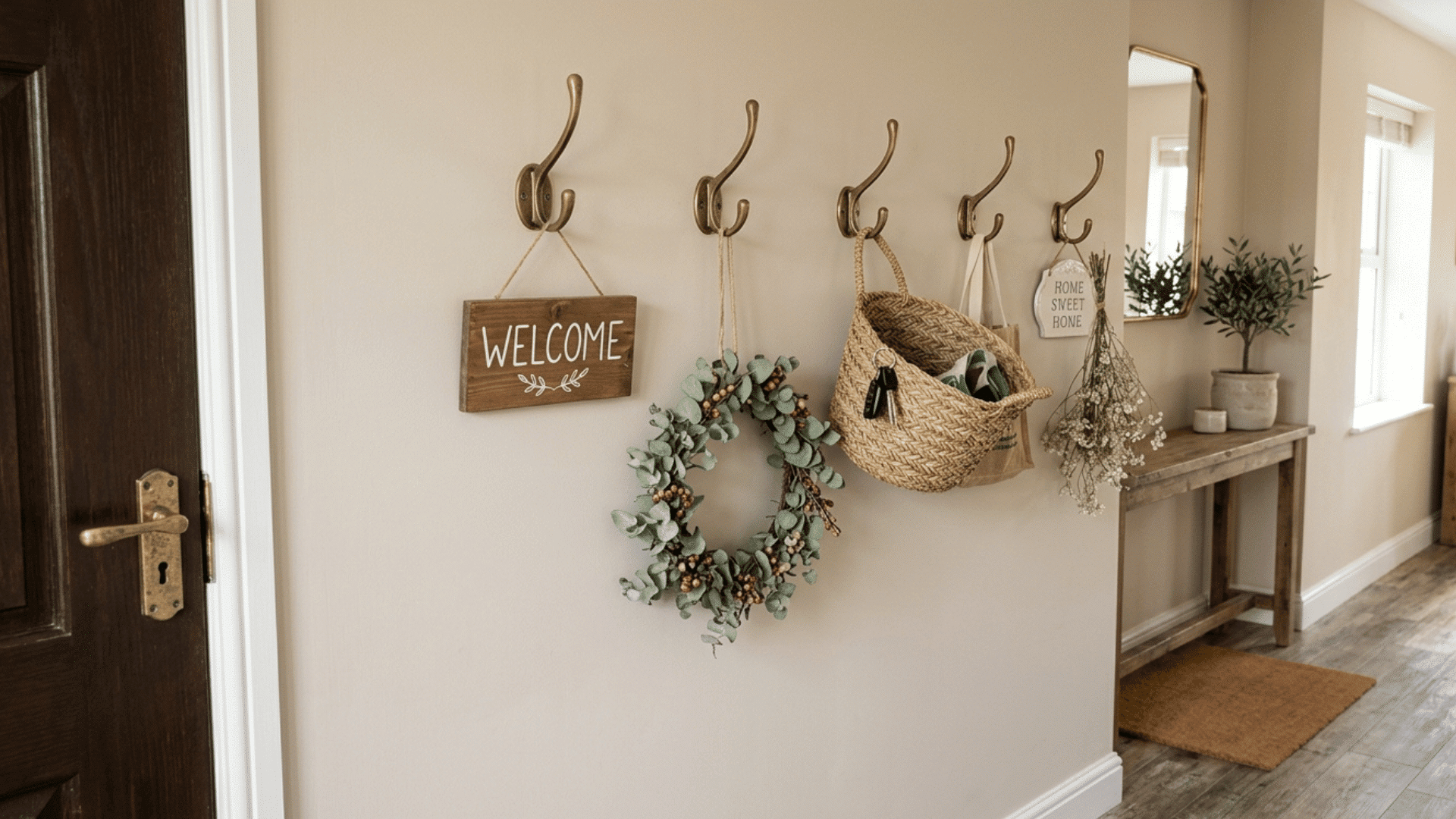 wall hooks with hanging decor, wreath, and baskets inside entryway.