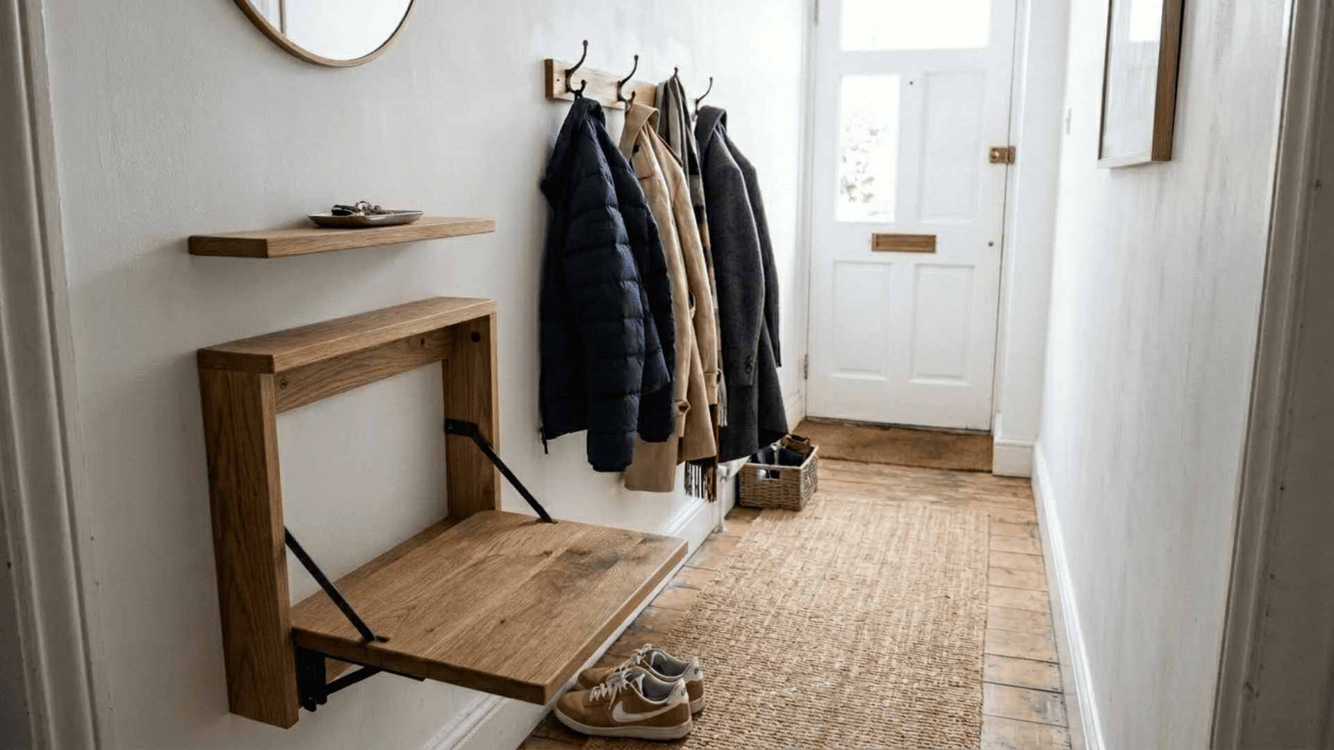 wall mounted fold down wooden seat in open position in narrow entryway with shelf above and coat hooks beside it