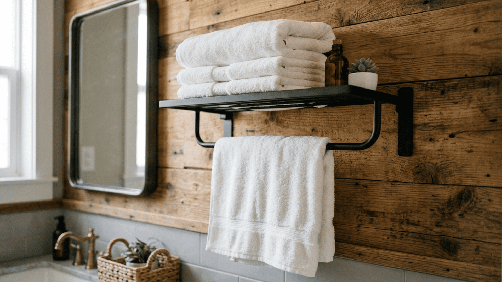 wall mounted towel rack with upper shelf holding folded towels and a hanging bar below fixed on a wooden wall