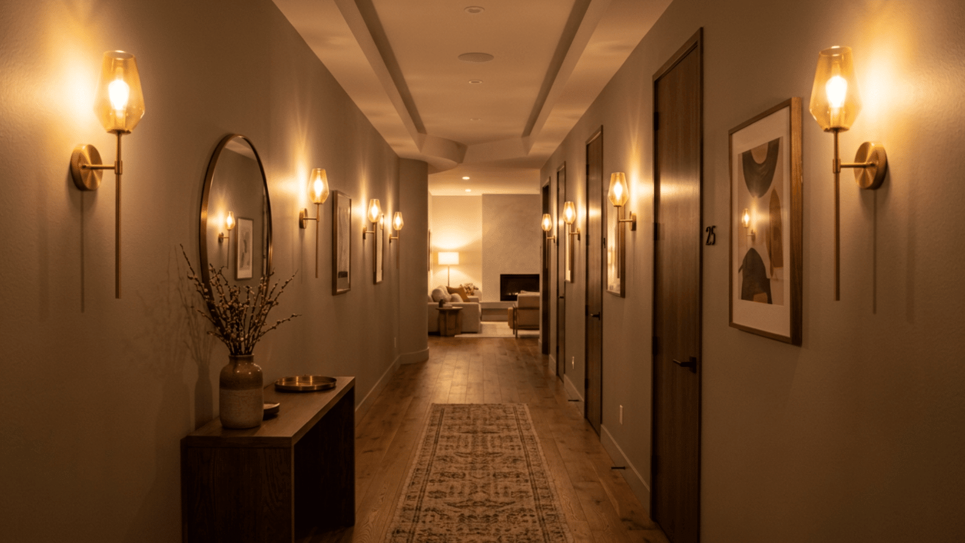 Wall sconces in hallway providing soft layered lighting and cozy feel