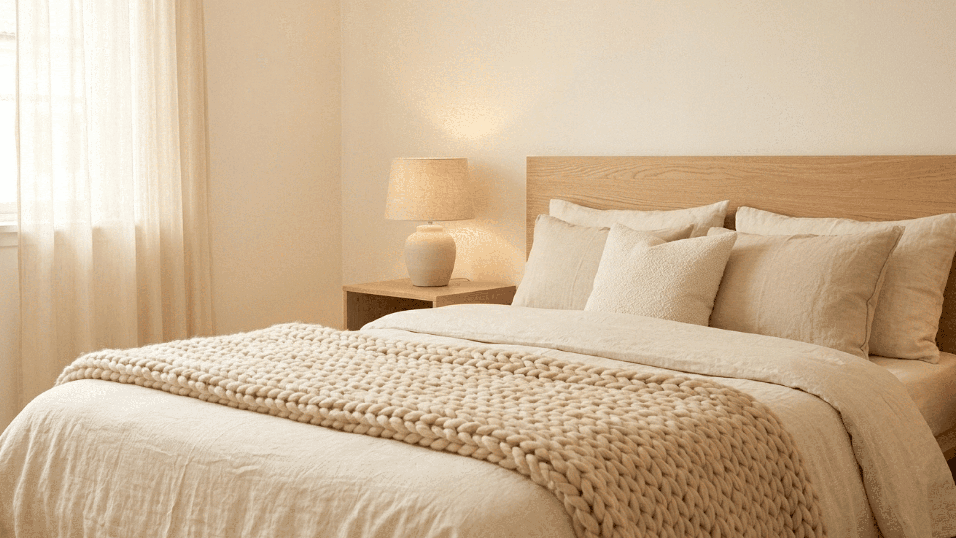 warm beige bedroom with cream bedding, wood accents, and soft lighting.