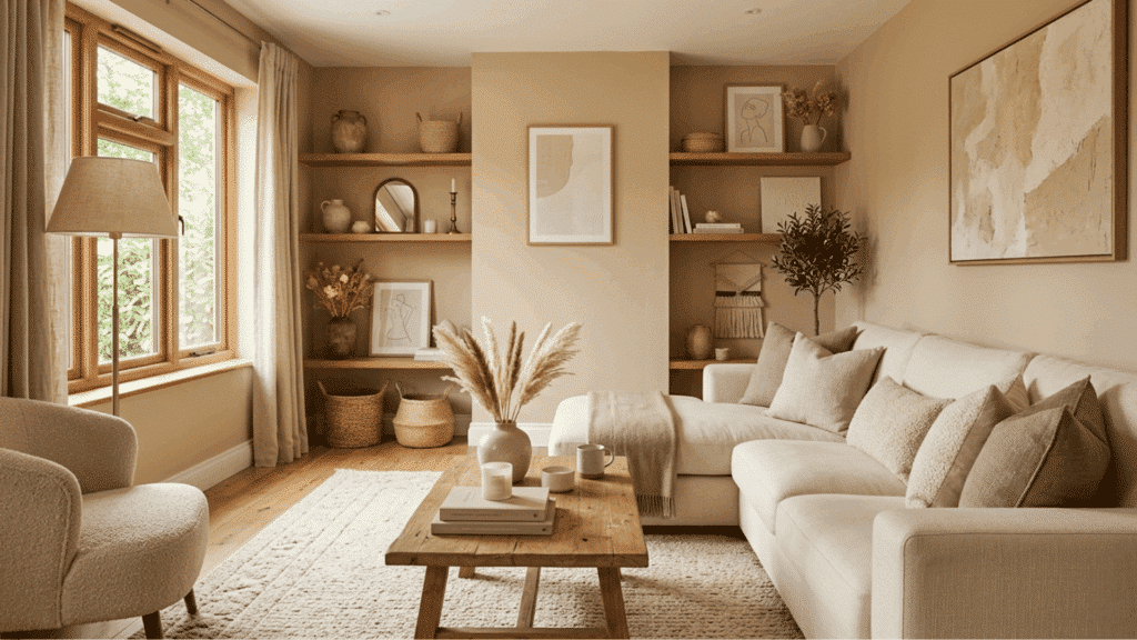 warm beige living room with cream sofa, wooden shelves, and natural light
