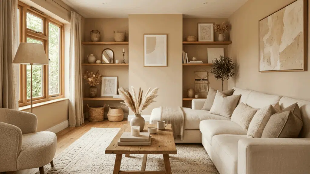 warm beige living room with cream sofa, wooden shelves, and natural light
