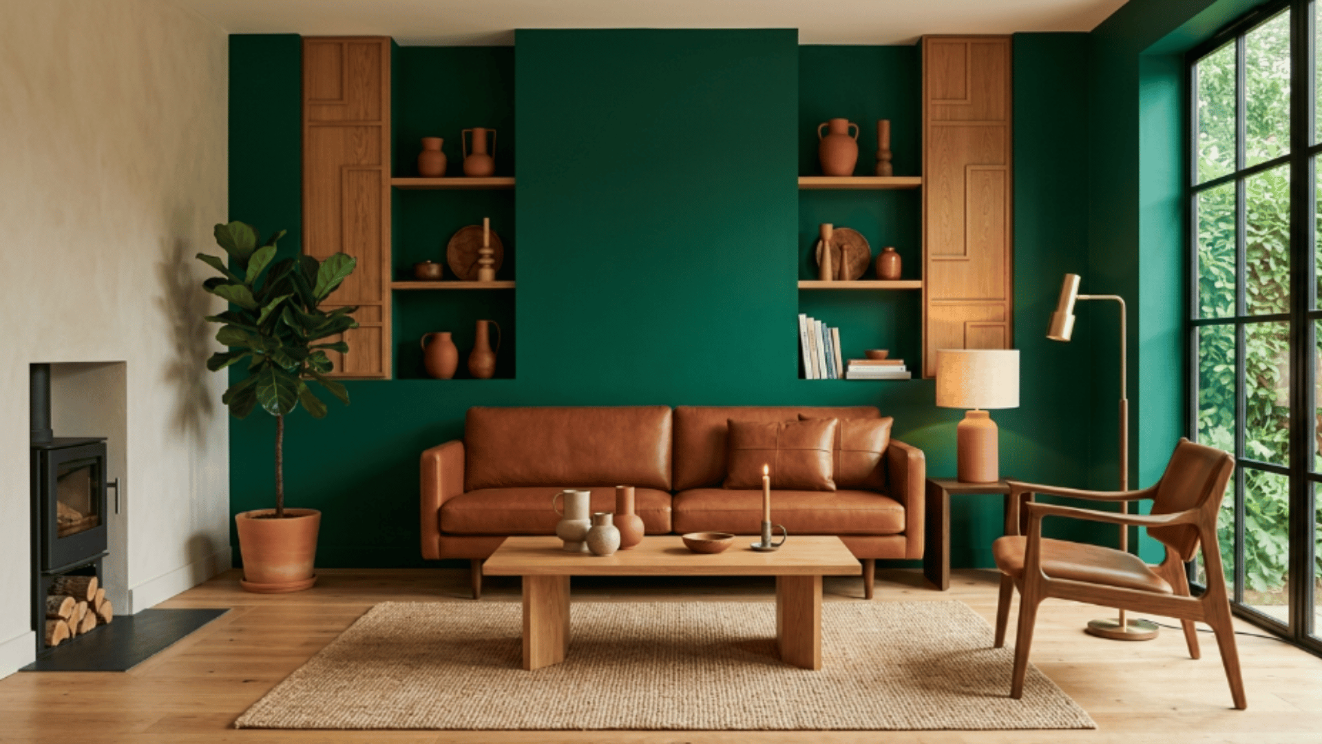 warm cinnamon decor accents with emerald green wall in cozy modern living room with soft lighting and mid angle view