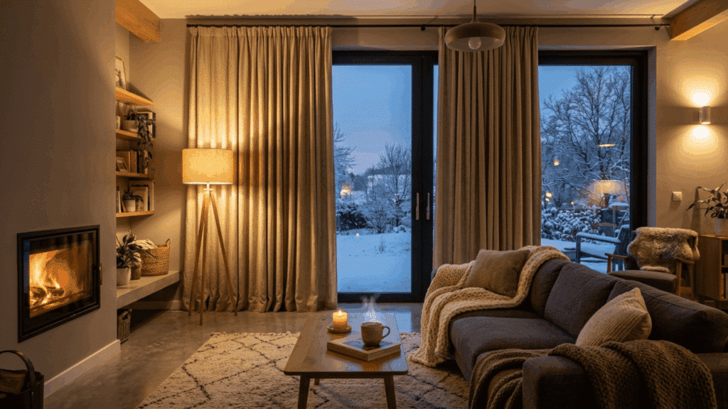 warm living room with thick insulated curtains, soft lighting, fireplace, and a comfortable indoor winter atmosphere