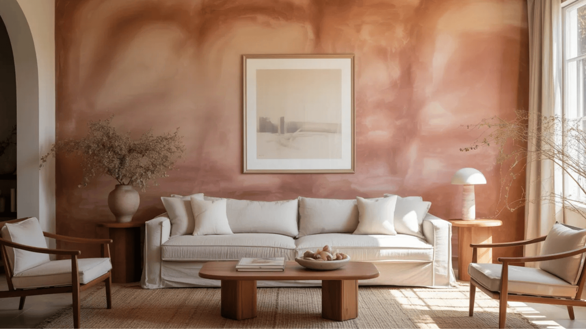 warm minimalist living room with blush textured accent wall, neutral sofa, wooden furniture, and soft natural light creating a calm inviting space