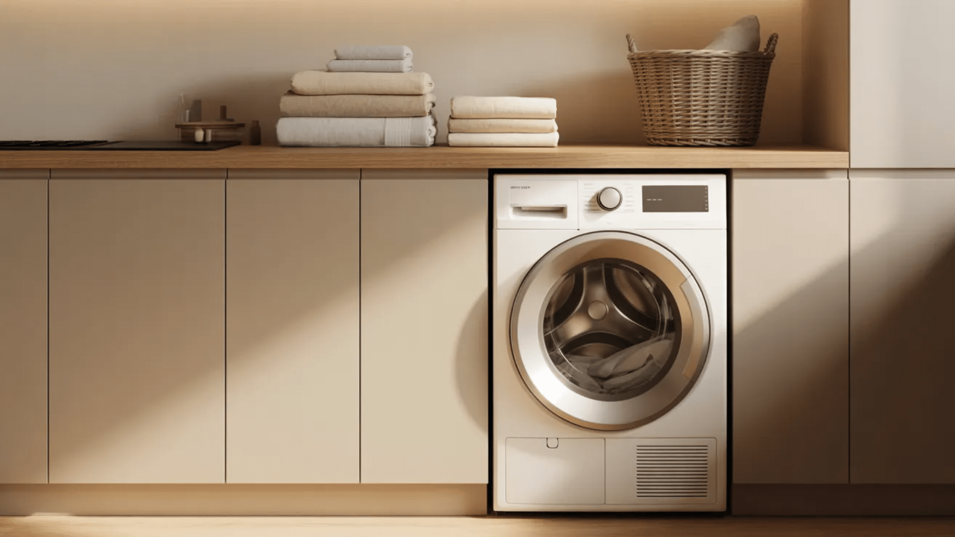 warm neutral laundry space with beige cabinets, wood countertop, washer, folded towels, and cozy minimal styling