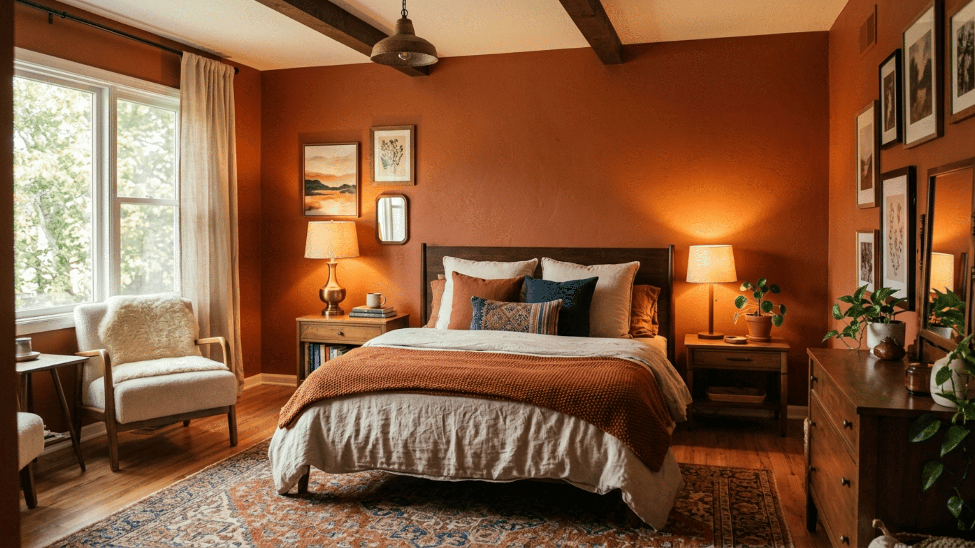 warm orange bedroom with rustic decor, wooden furniture, layered bedding, and cozy lighting enhancing earthy tones