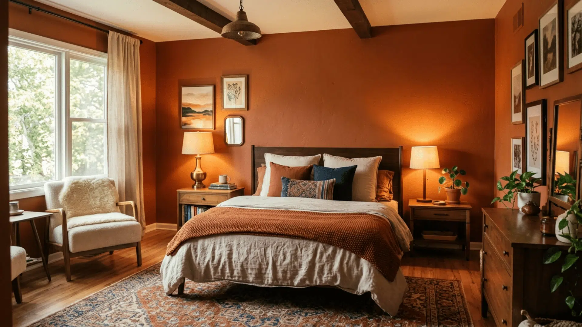 warm orange bedroom with rustic decor, wooden furniture, layered bedding, and cozy lighting enhancing earthy tones
