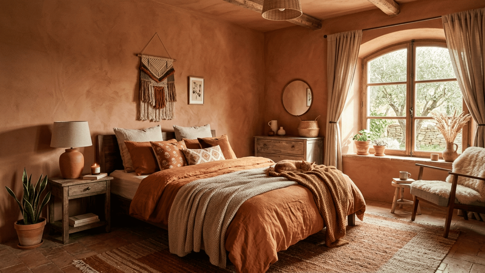 warm rustic bedroom with terracotta walls, textured bedding, wooden furniture, and sunlight pouring through arched window