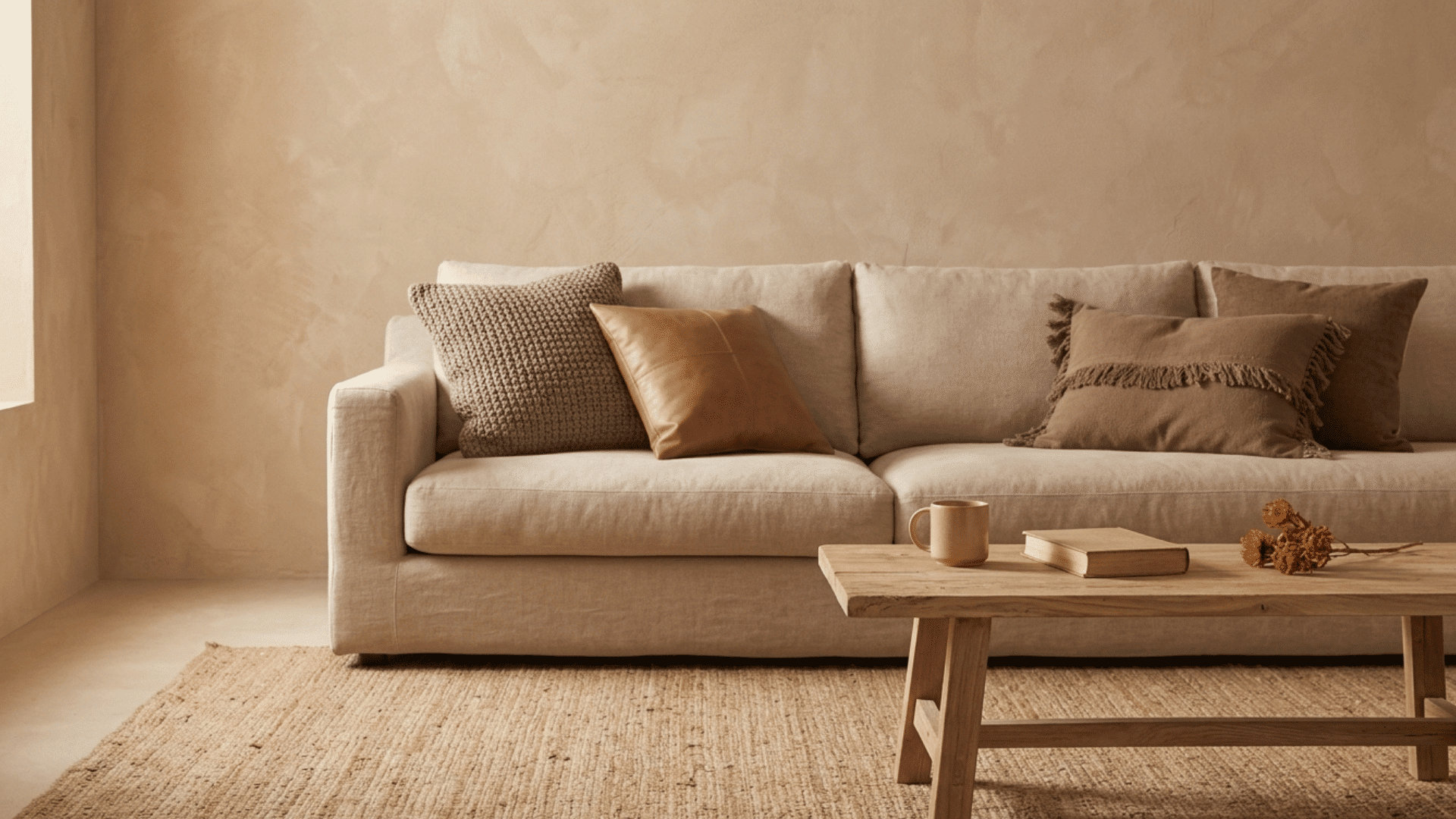 warm sand and soft brown sofa with wood table and textured decor.