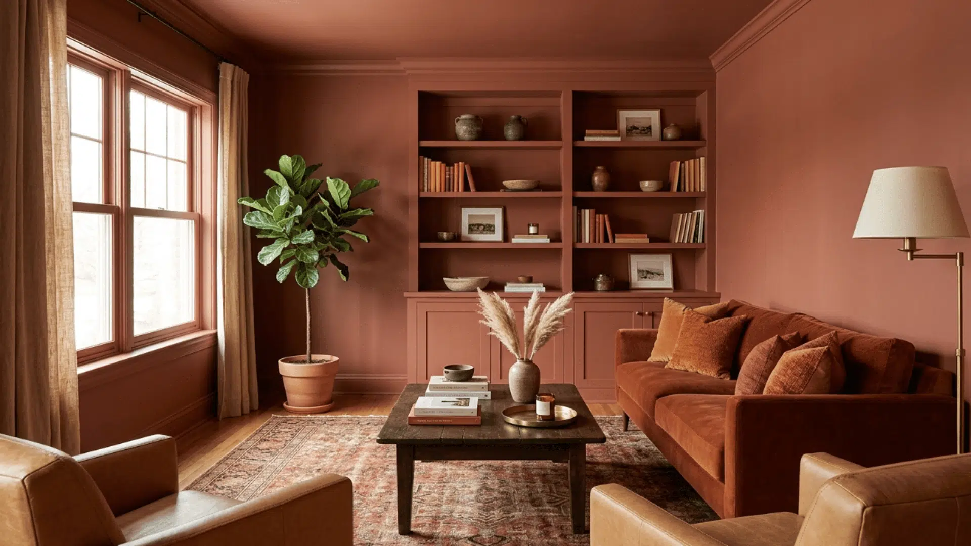 warm terracotta color drenched living room with matching walls, sofa, and shelving.