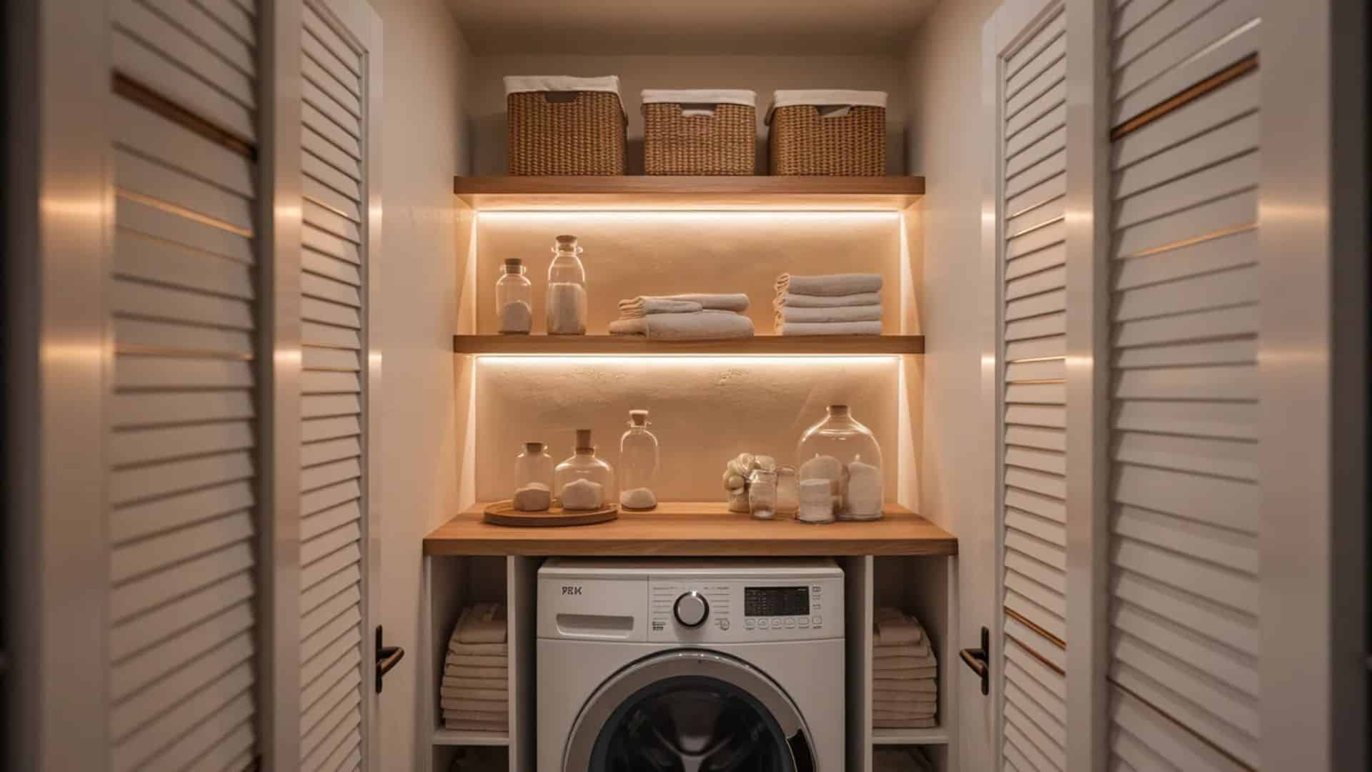 warm wood shelf laundry setup with soft lighting, woven baskets, glass jars, folded towels, and a front-load washer in a cozy modern closet design (1)