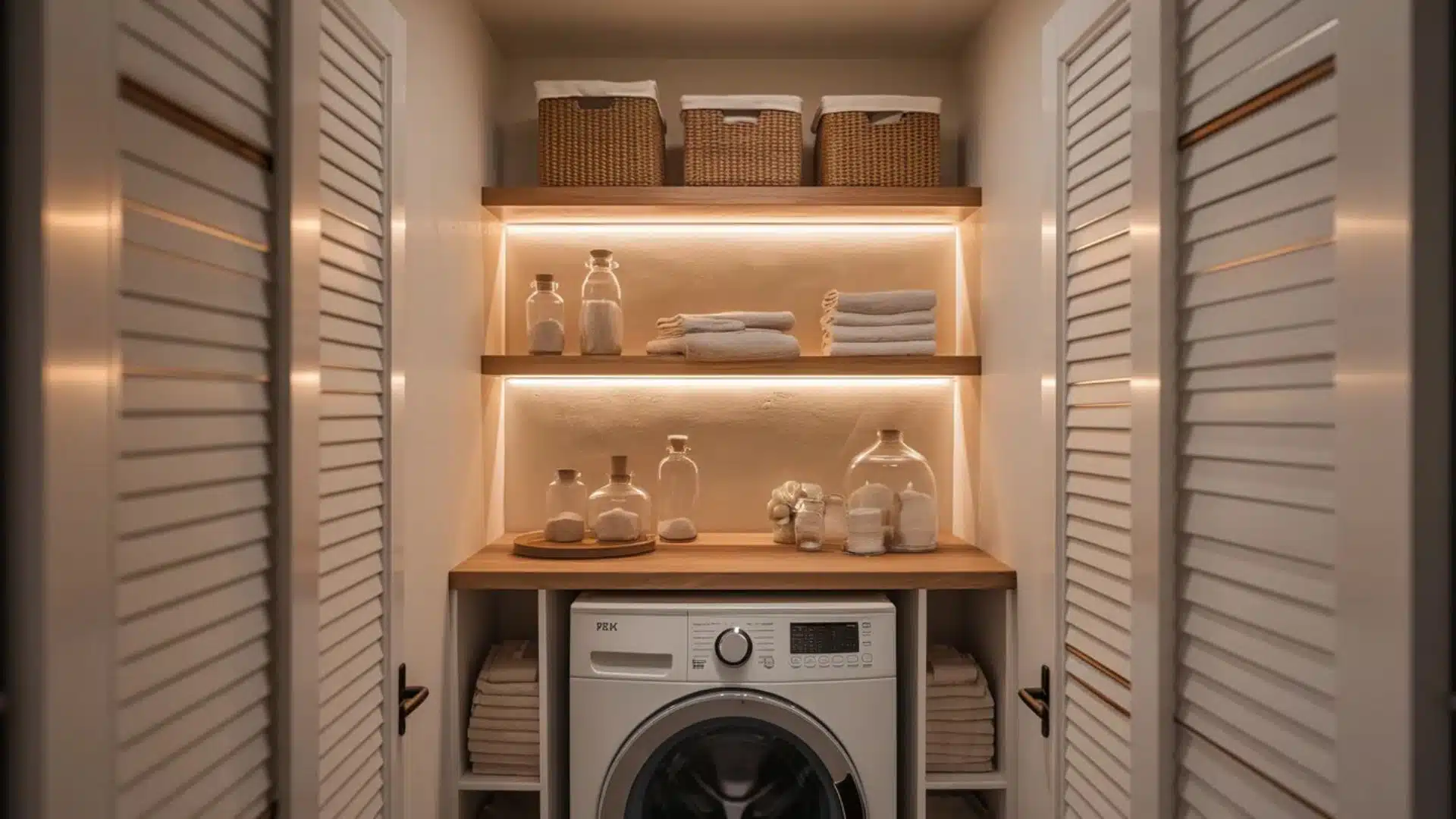 warm wood shelf laundry setup with soft lighting, woven baskets, glass jars, folded towels, and a front-load washer in a cozy modern closet design (1)