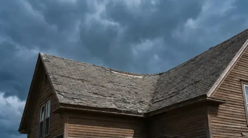 Old wooden house with weathered roof under stormy sky