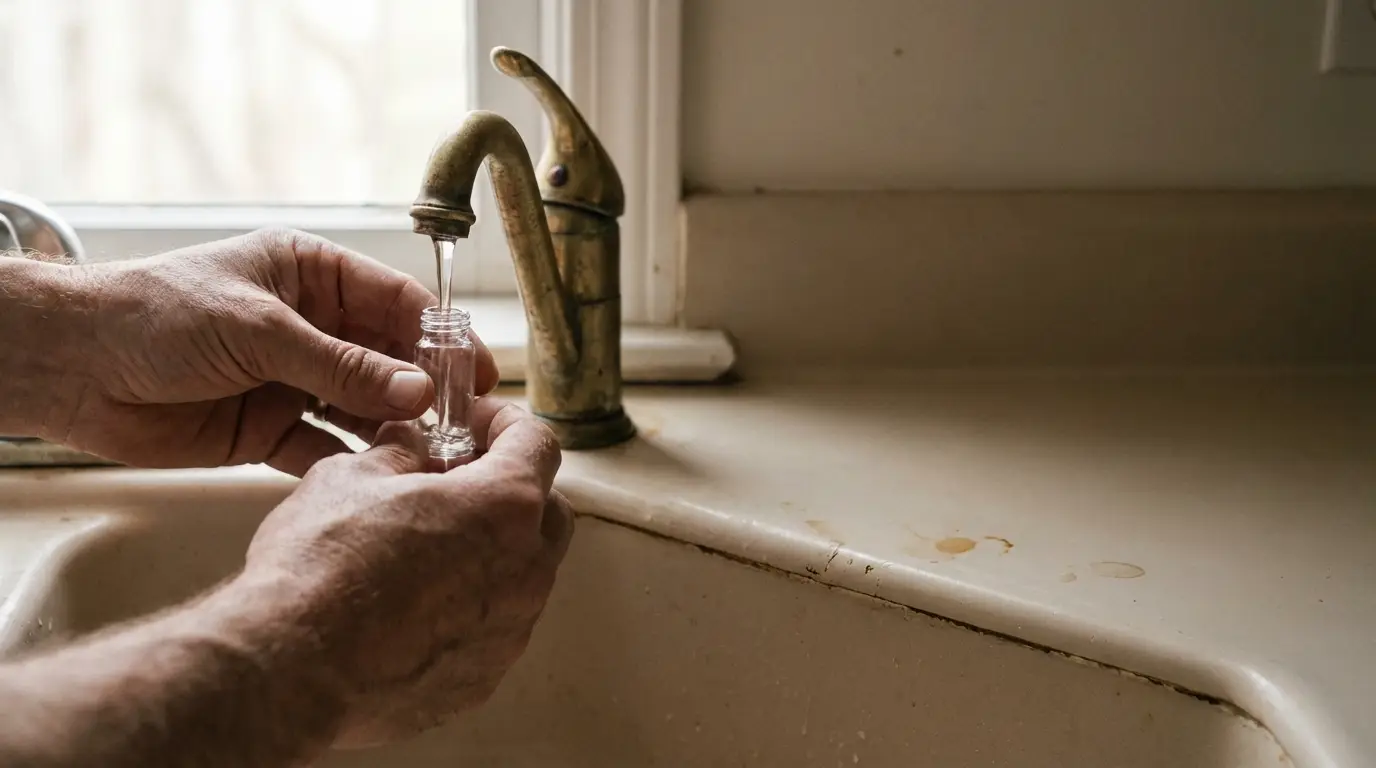 Hands filling small glass bottle with water from brass kitchen faucet