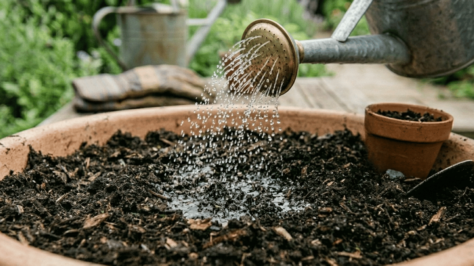 watering can pouring water into a terracotta pot filled with soil, showing early stage of plant care in a vibrant garden environment