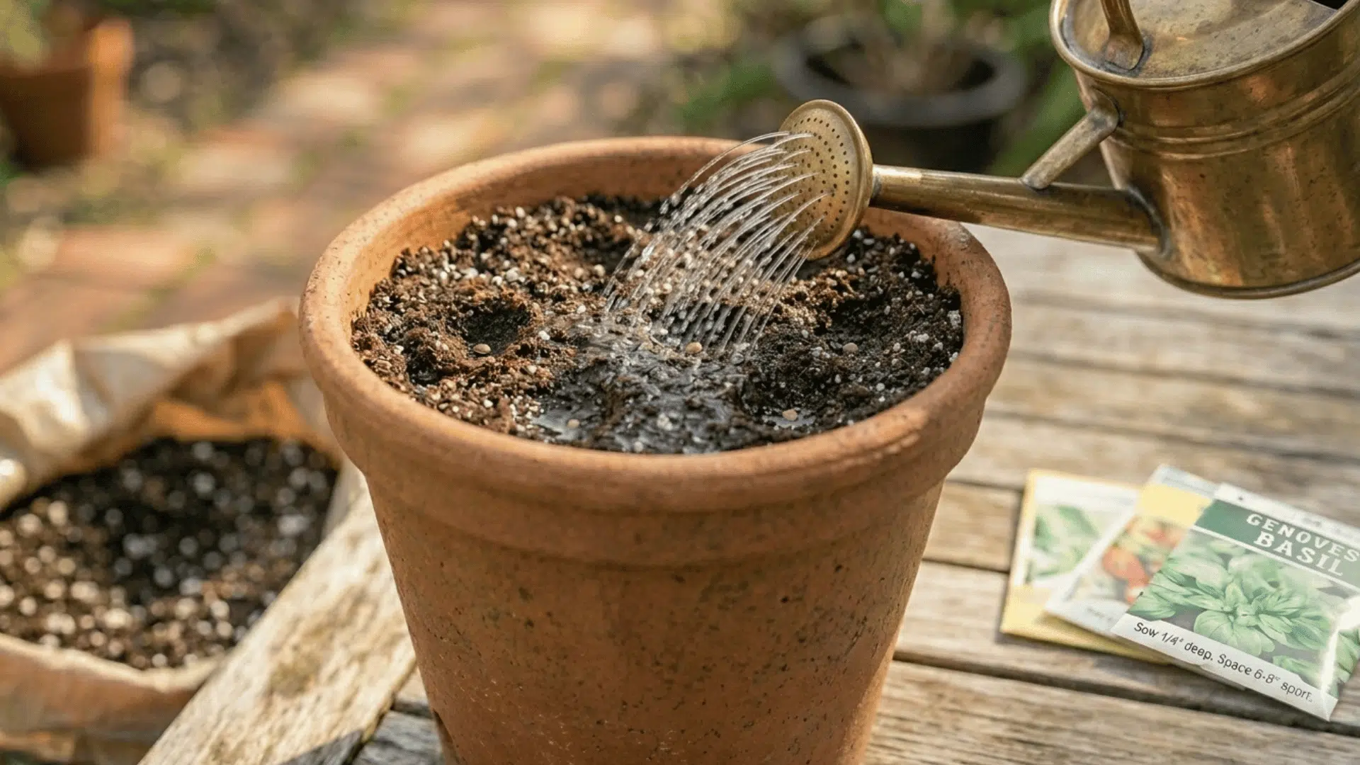 watering freshly planted basil seeds in a pot with a watering can.