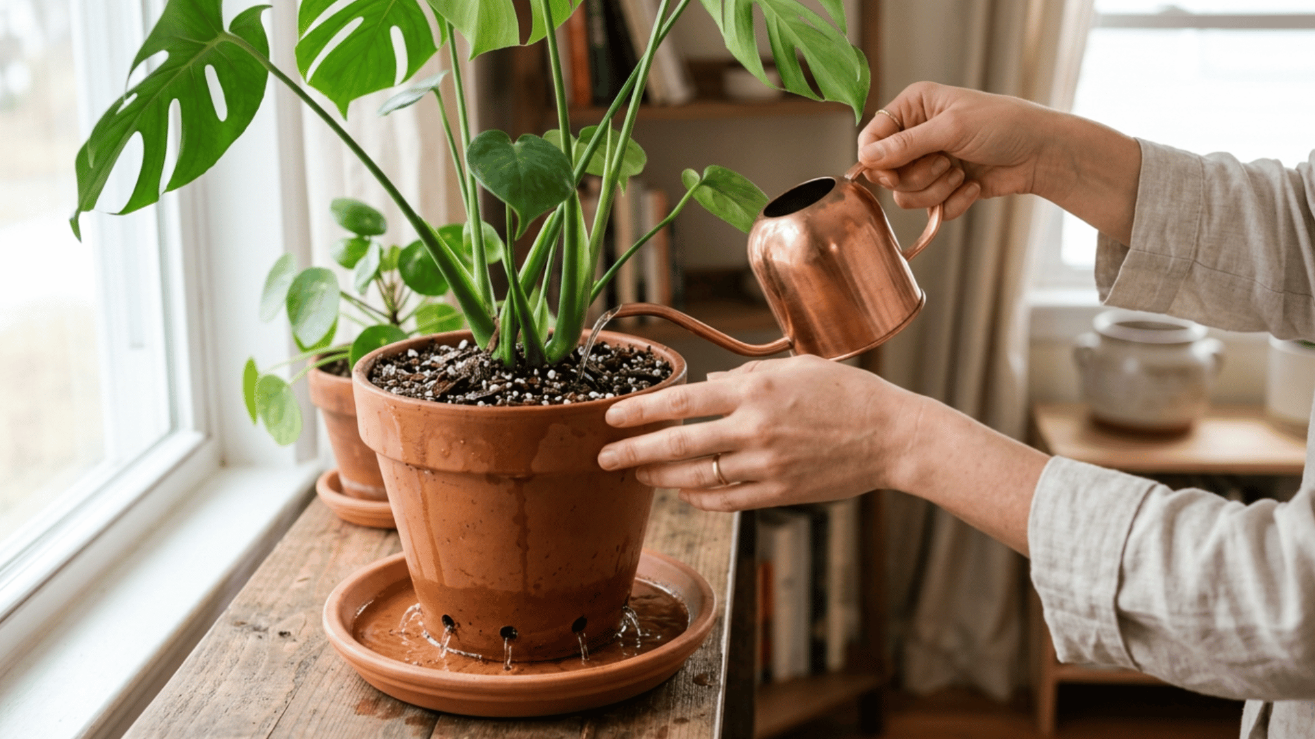 watering monstera plant in pot with drainage holes showing proper indoor plant care