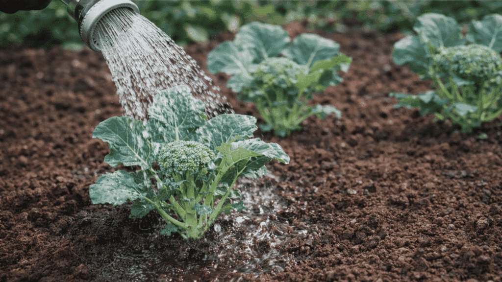 watering newly planted broccoli with hose to keep soil moist and support root growth