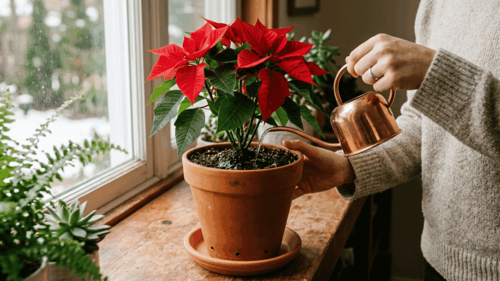 watering poinsettia plant with water draining from pot into tray in an indoor plant care setup