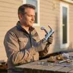 Man examining chrome faucet with plumbing tools on wooden table outdoors