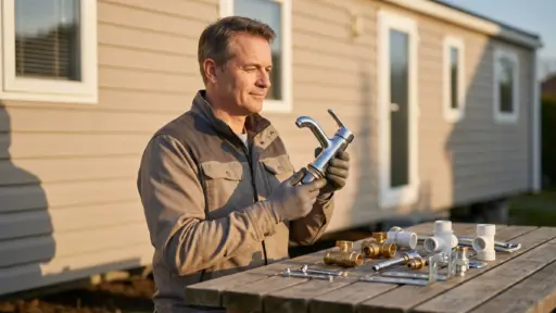 Man examining chrome faucet with plumbing tools on wooden table outdoors