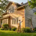 Person painting wooden house exterior with roller under afternoon sunlight