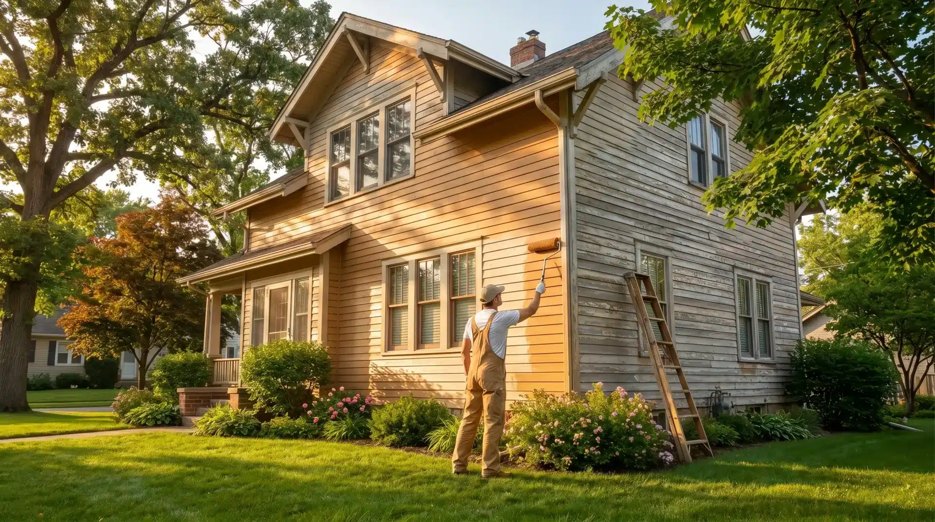 Person painting wooden house exterior with roller under afternoon sunlight