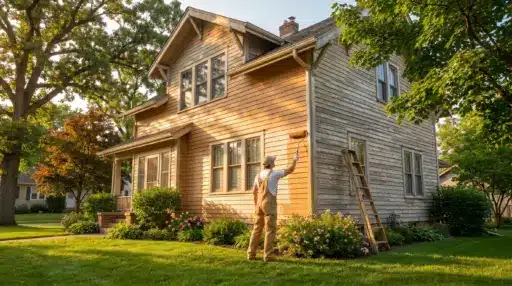 Person painting wooden house exterior with roller under afternoon sunlight