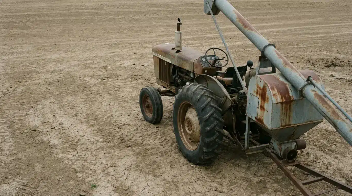 Rusty tractor on dry, cracked soil in an open field with a dusty sky