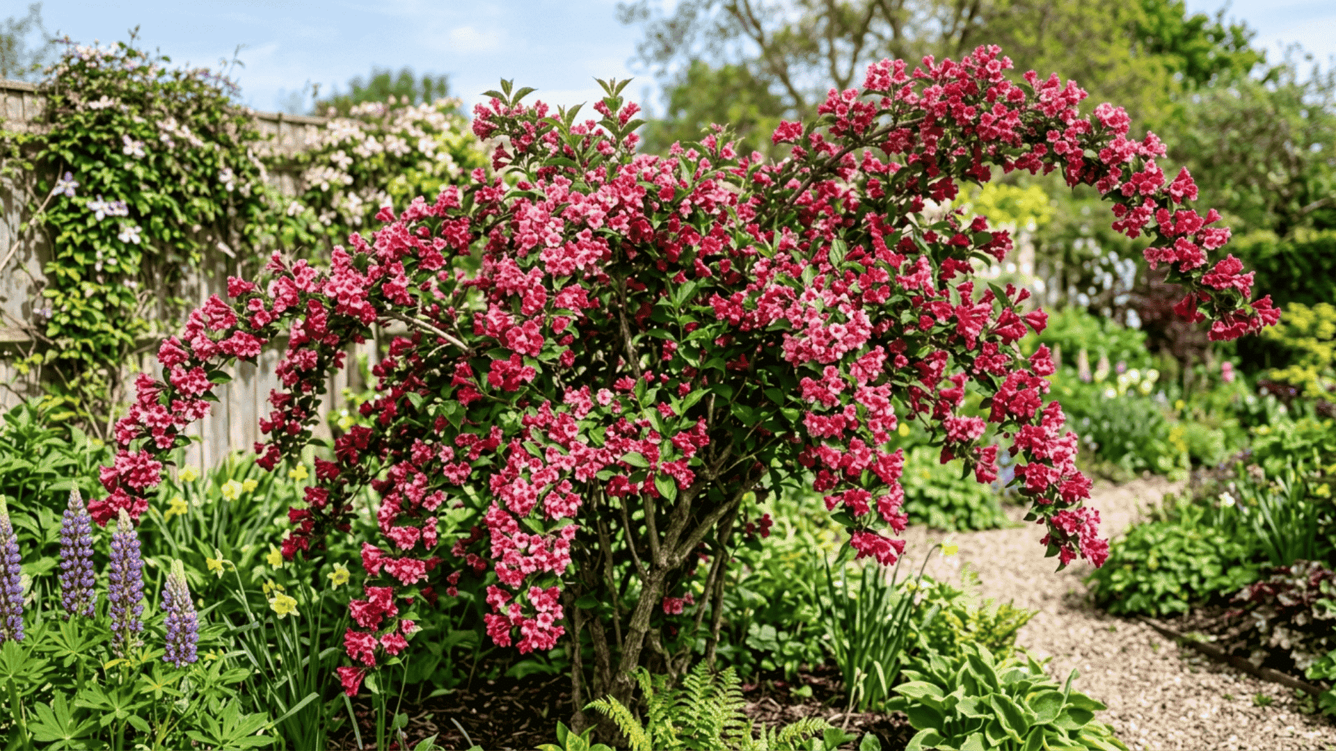 weigela shrub with funnel shaped red and pink flowers covering arching branches in a sunny spring garden setting