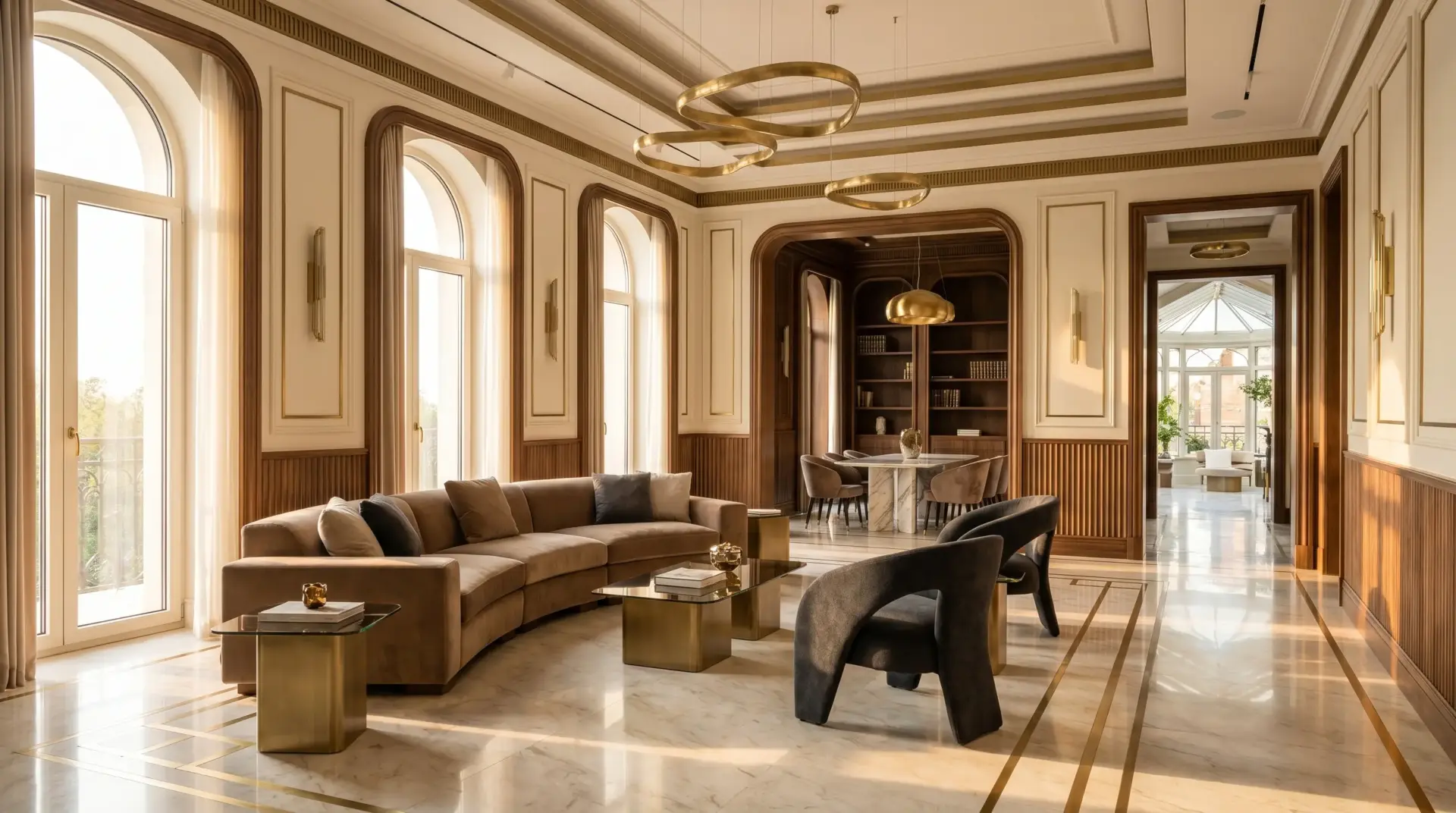 Luxurious living room with arched windows, beige sofas, gold accents, and marble floors in warm lighting