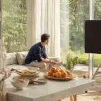 Woman preparing food in modern living room with large windows and greenery outside