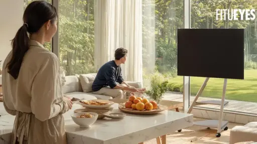 Woman preparing food in modern living room with large windows and greenery outside