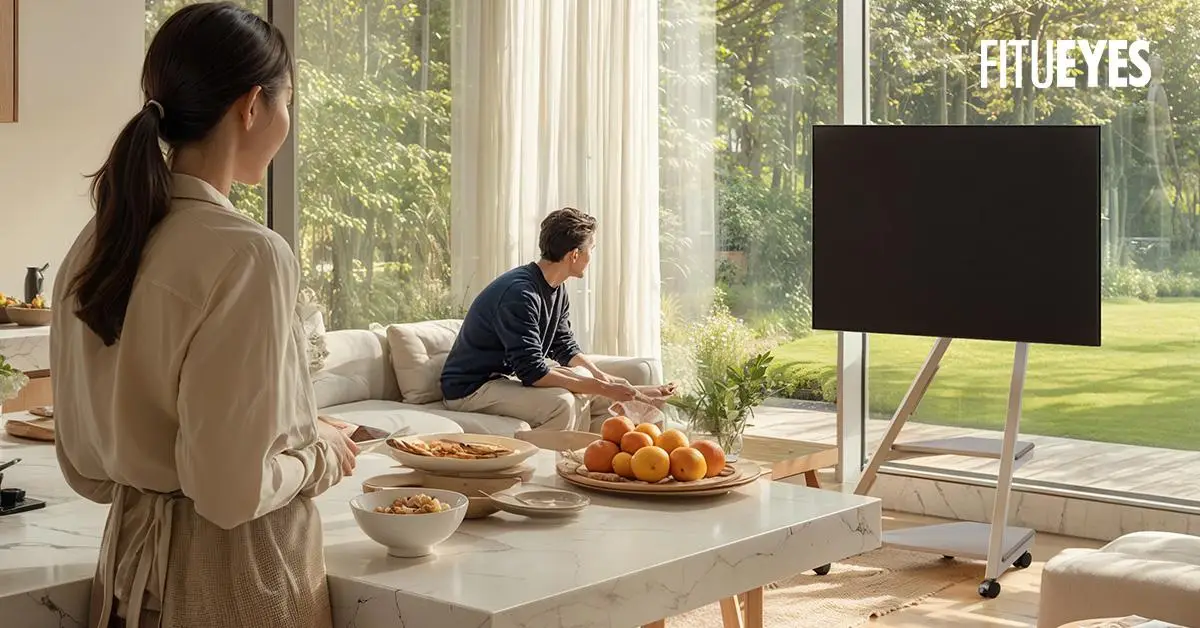 Woman preparing food in modern living room with large windows and greenery outside