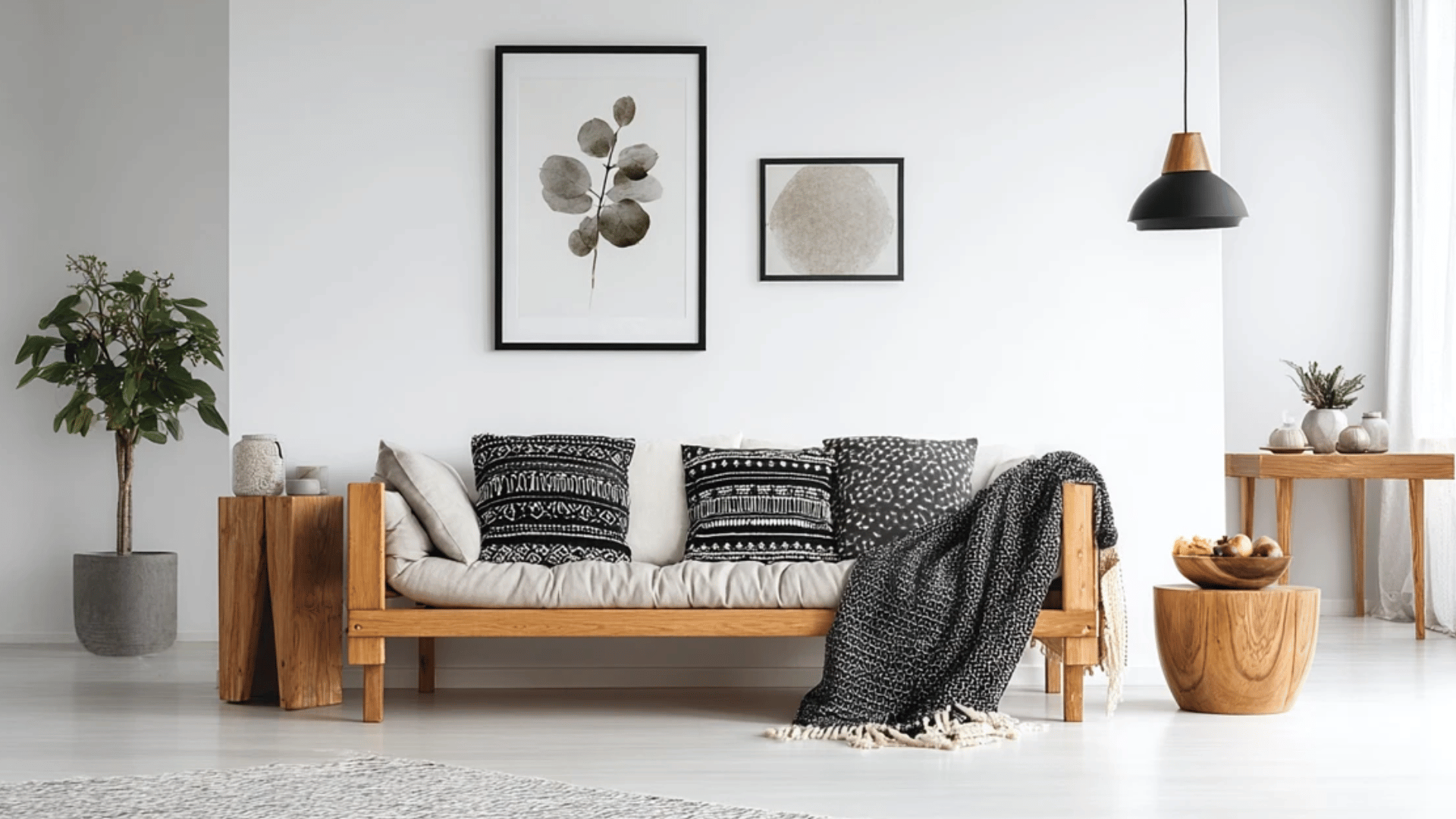 white and black scandinavian room with wood and simple decor