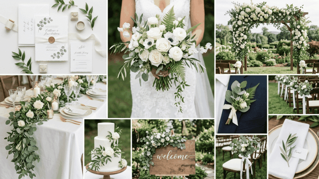 white and greenery wedding color scheme collage with fresh florals leaves and minimal decor